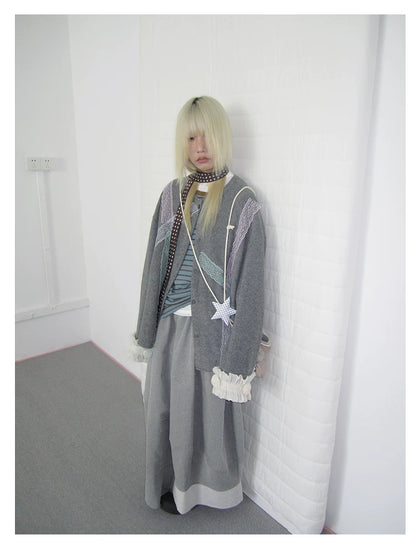 Grey Lace-Trim Ruffle Cuff Cardigan