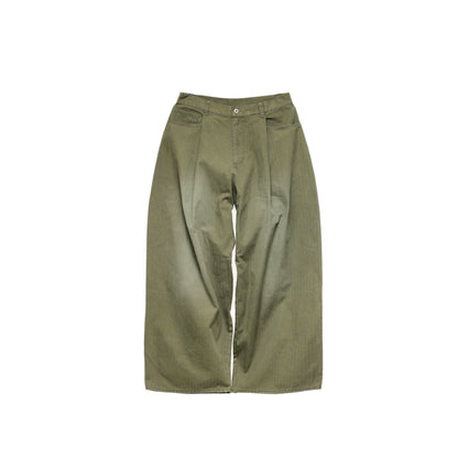 Washed Green Herringbone Wide Leg Pants