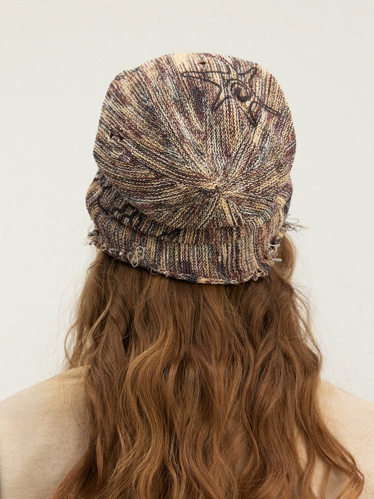 Distressed Starfish Graphic Knit Beanie, Vintage Washed Frayed Edge Winter Hat, Unisex Grunge Streetwear Cold Weather Cap