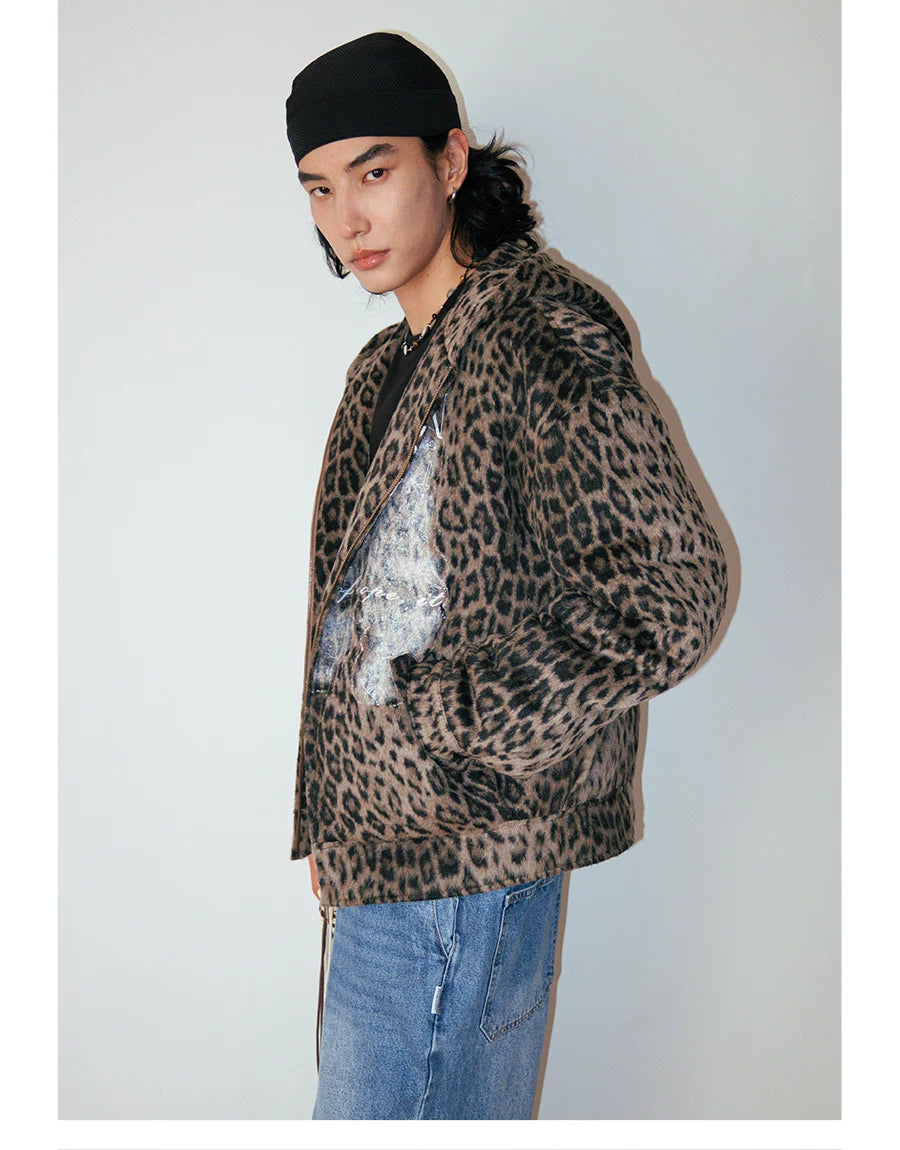 Distressed Leopard Print Padded Hooded Jacket male model