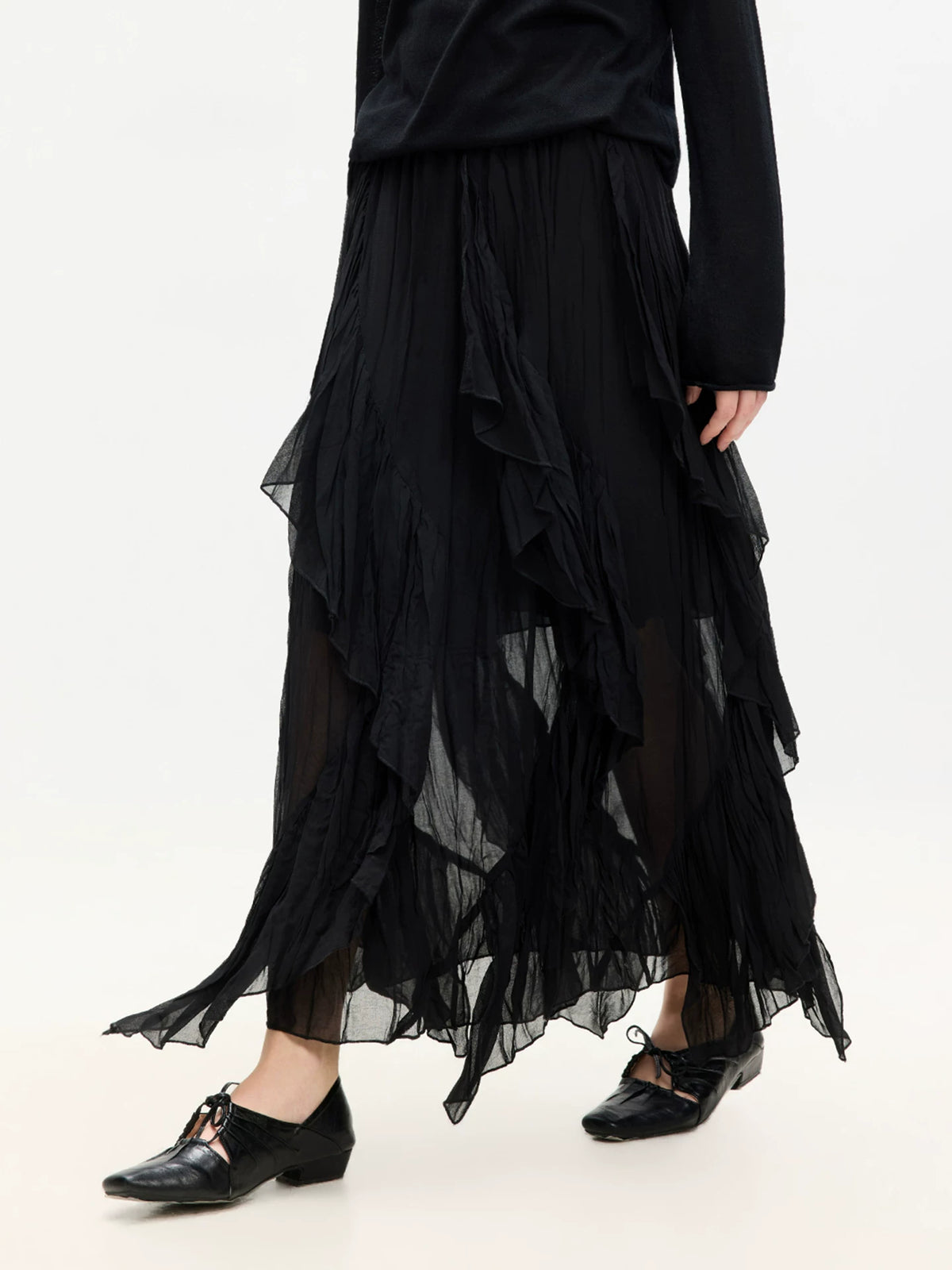 Asymmetric Mesh Pleated Midi Skirt