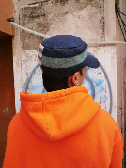 Embroidered Curved-Brim Knit Cap in Navy and Brown color