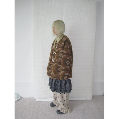 Brown Geometric Jacquard Padded Toggle Coat