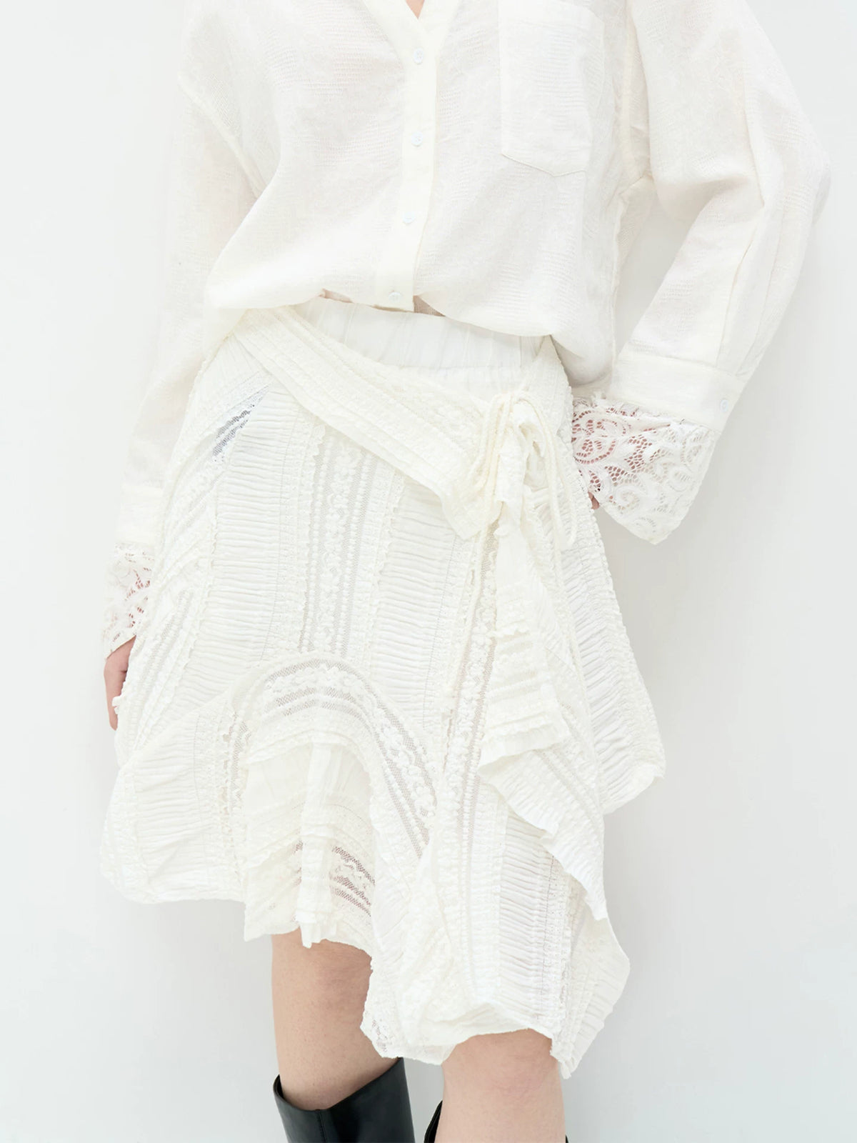 Asymmetric Lace Tiered Mini Skirt