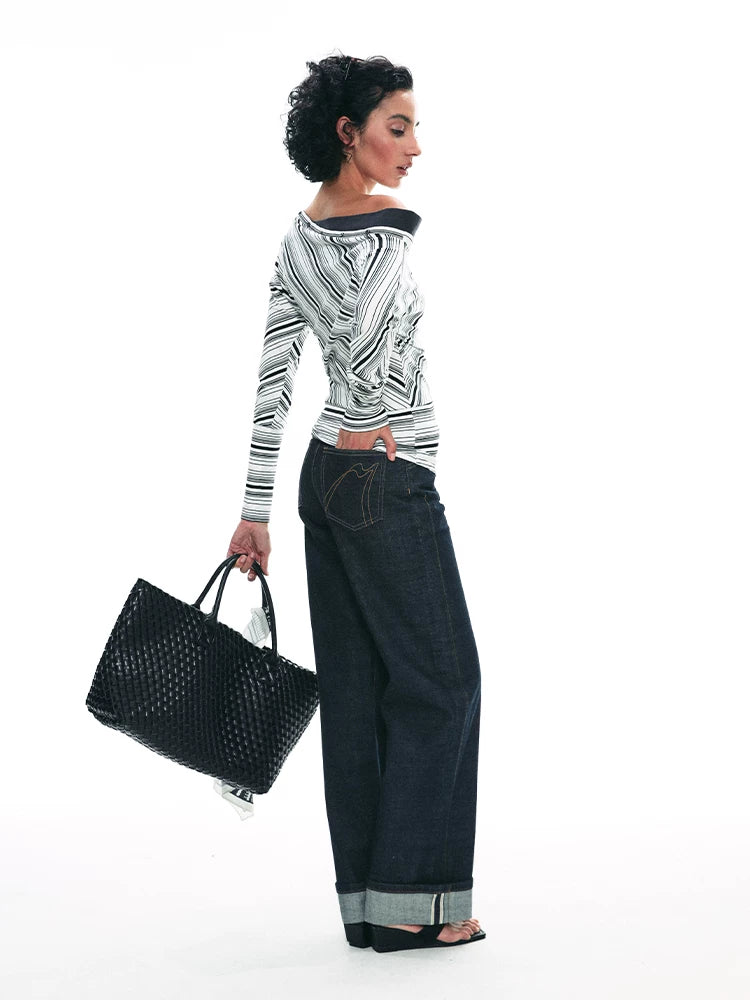 Striped One-Shoulder Long Sleeve Top product view