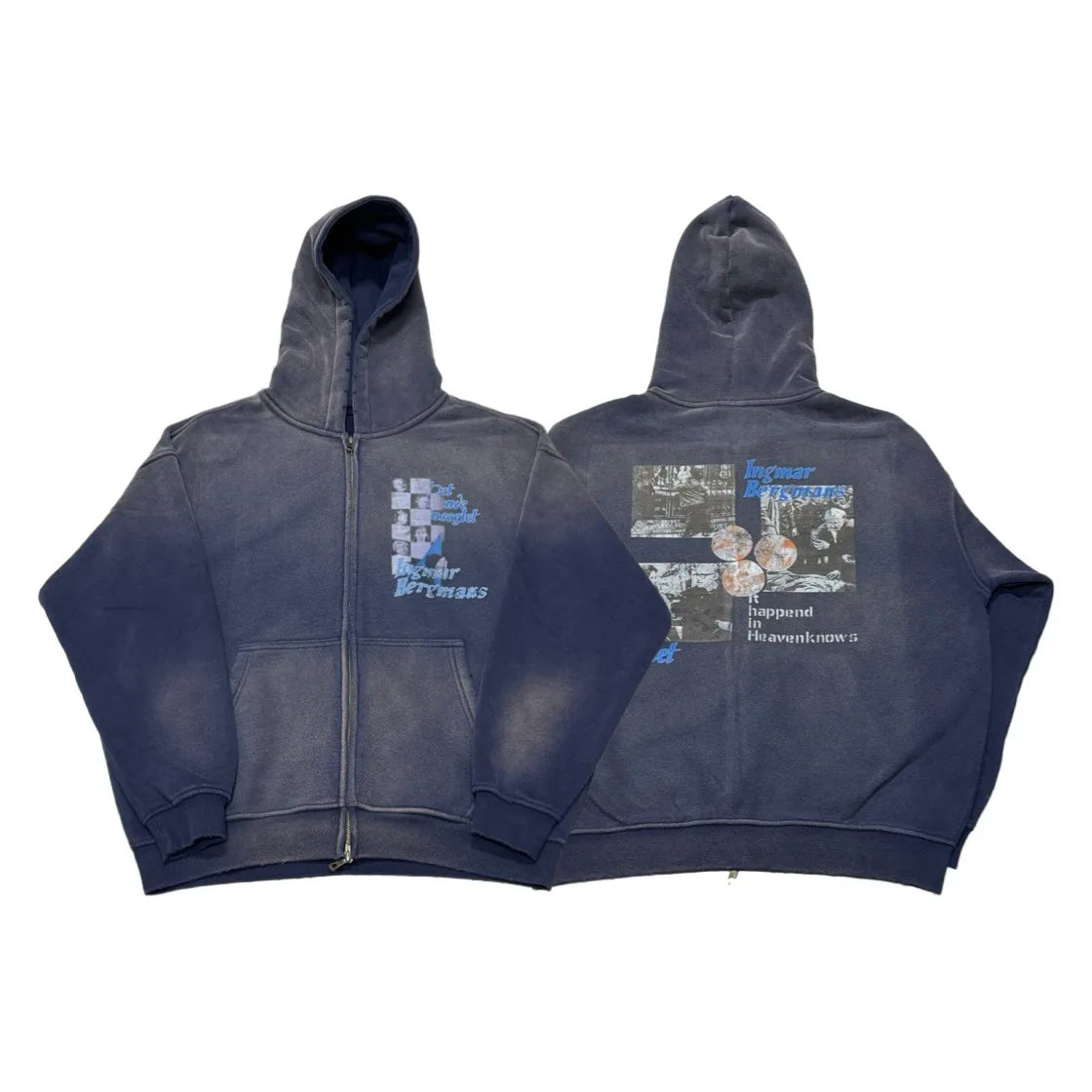 Faded navy graphic zip hoodie, front and back views