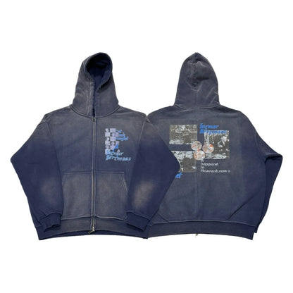 Faded navy graphic zip hoodie, front and back views