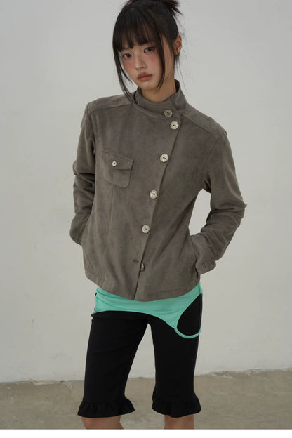 Asymmetric Button Faux Suede Jacket