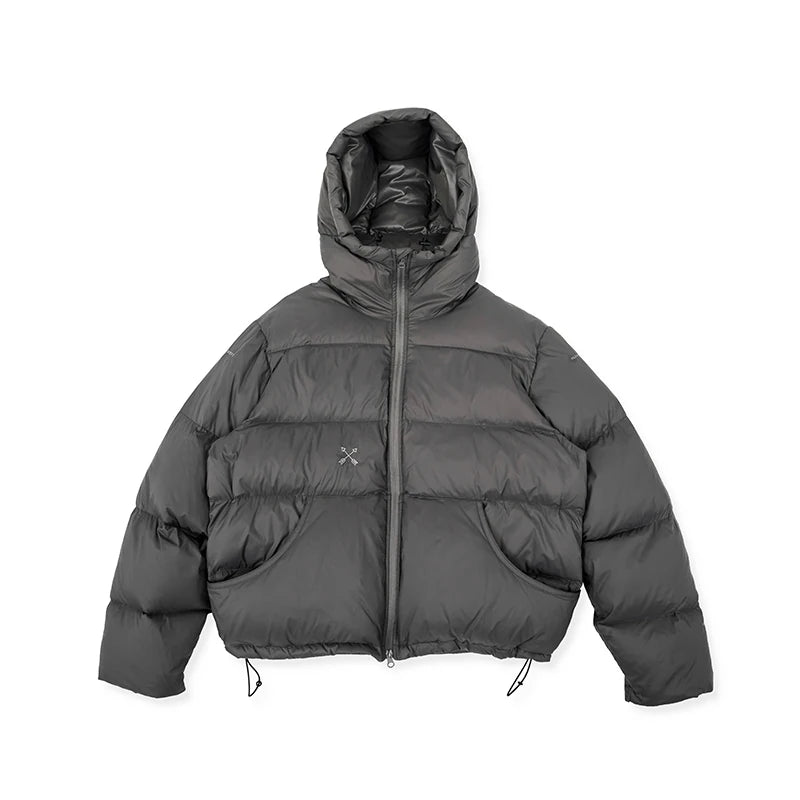 Gray hooded puffer jacket, product view