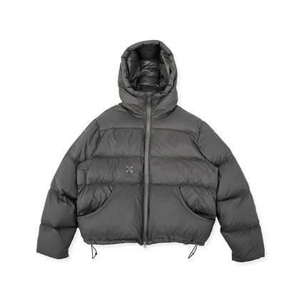 Gray hooded puffer jacket, product view
