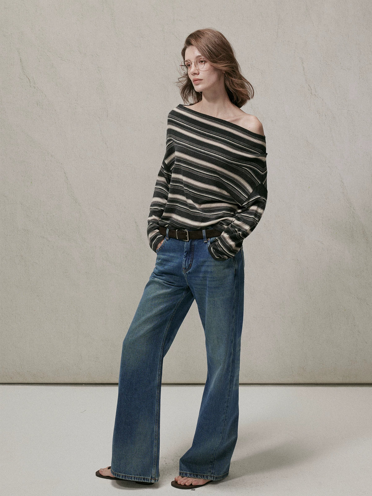 MOOFEEL Striped Silk-Wool Knit Top