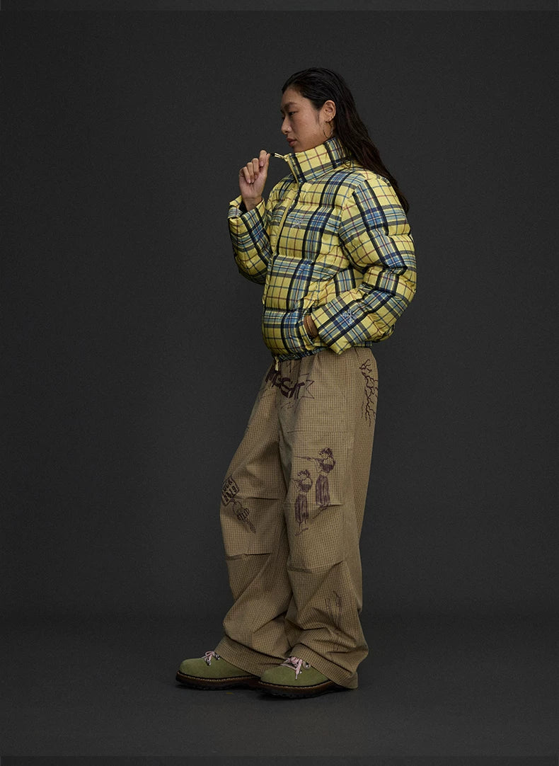Yellow Plaid Hooded Puffer Jacket product photo, yellow plaid