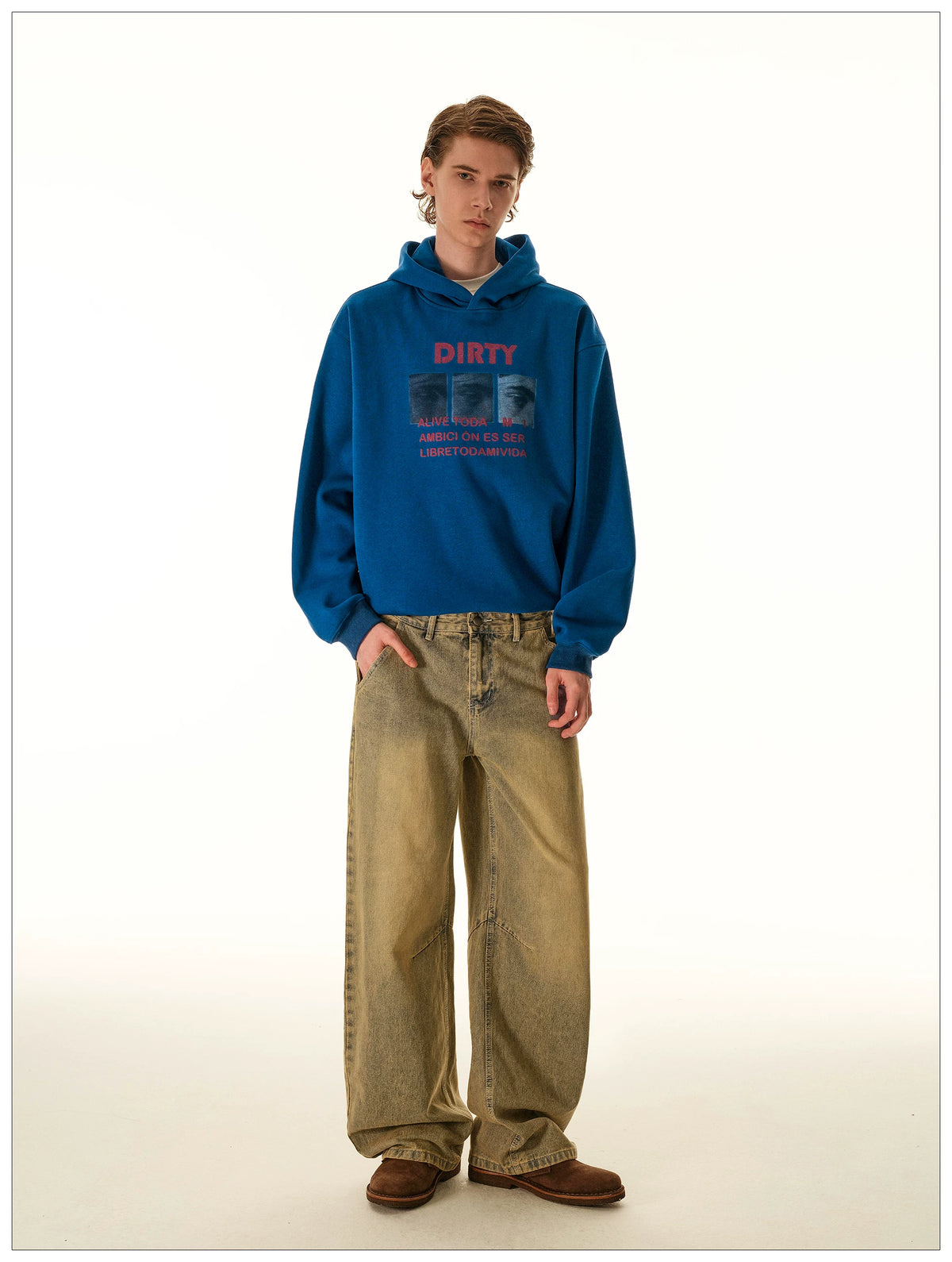 Blue graphic hoodie, full-length alternate view