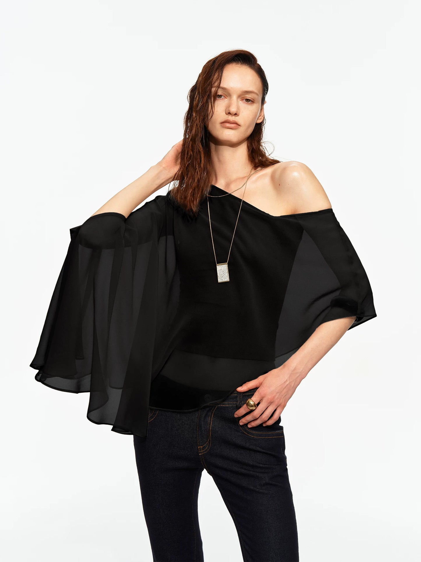 Matte Chiffon One-Shoulder Layered Cape Top