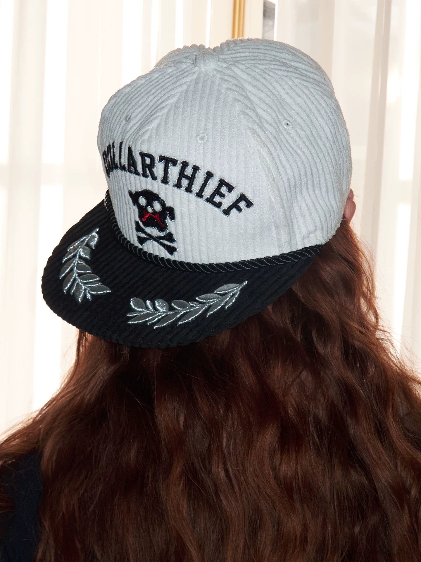 American Style Black & White Corduroy Embroidered Flat Brim Trucker Hat