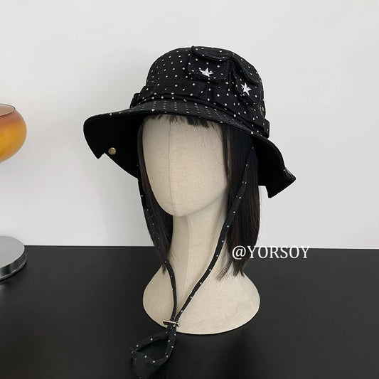 Women's Vintage Navy Star Bucket Hat – Adjustable Sun Protection Hiking, Camping & Fishing Hat