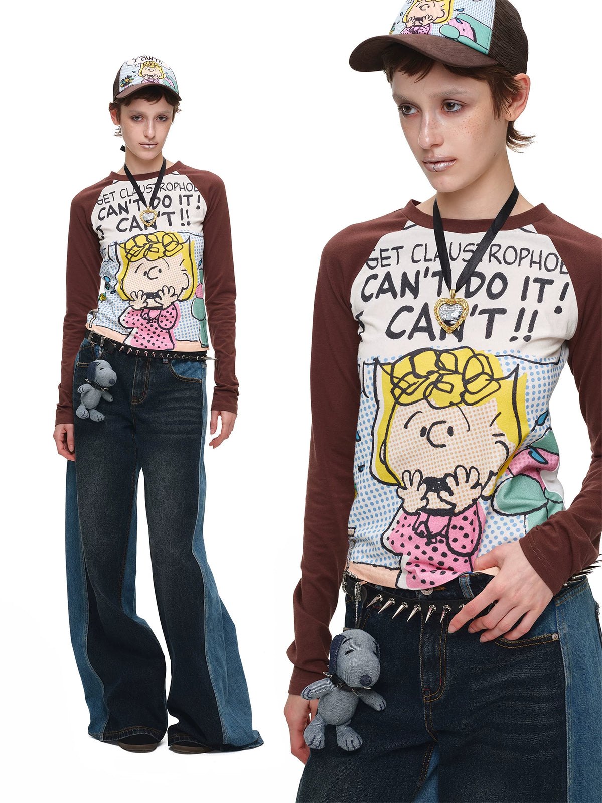 Brown raglan T-shirt with character print