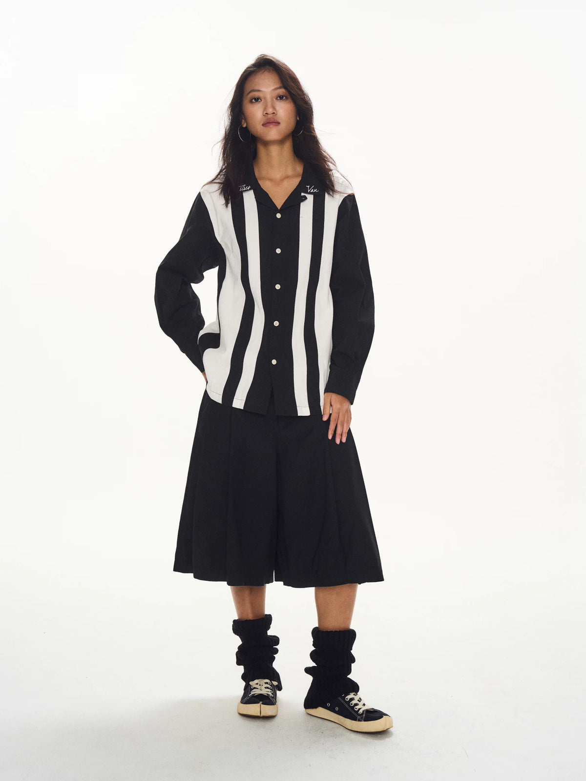 Contrast Stripe Button Up Shirt black and white product view