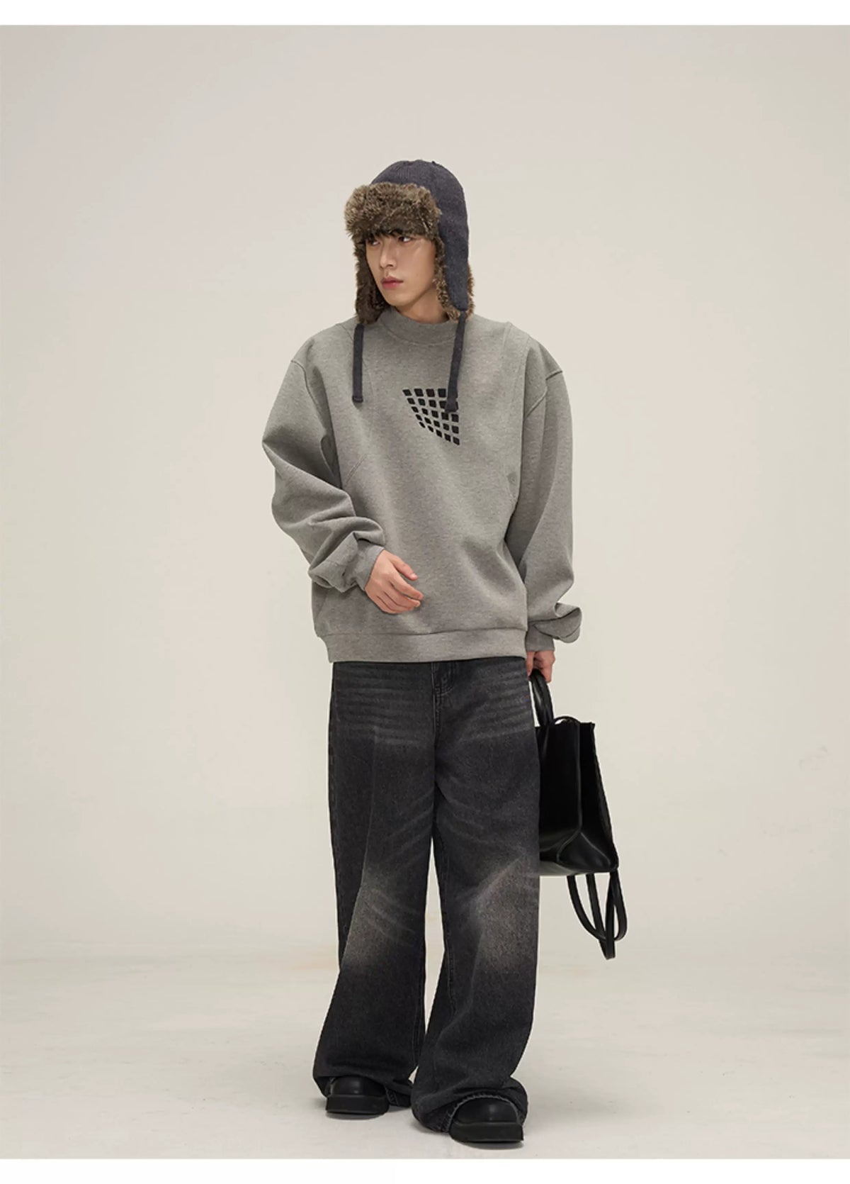 Grid Motif Relaxed Crewneck Sweatshirt in gray