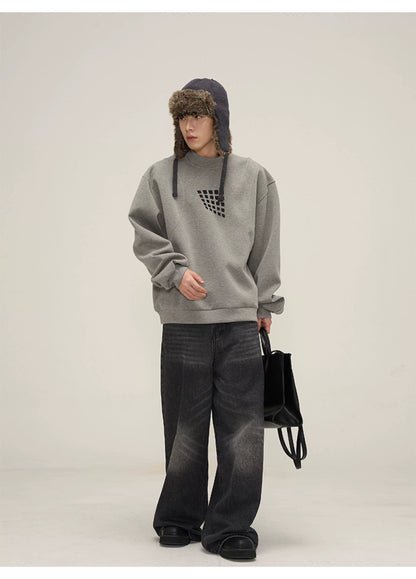 Grid Motif Relaxed Crewneck Sweatshirt in gray