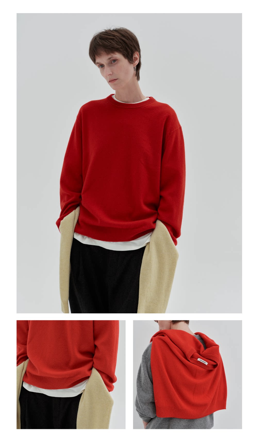 Wool cashmere crewneck sweater, model wearing red crewneck sweater with detail views