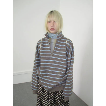 Brown Stripe Half-Zip Sweatshirt