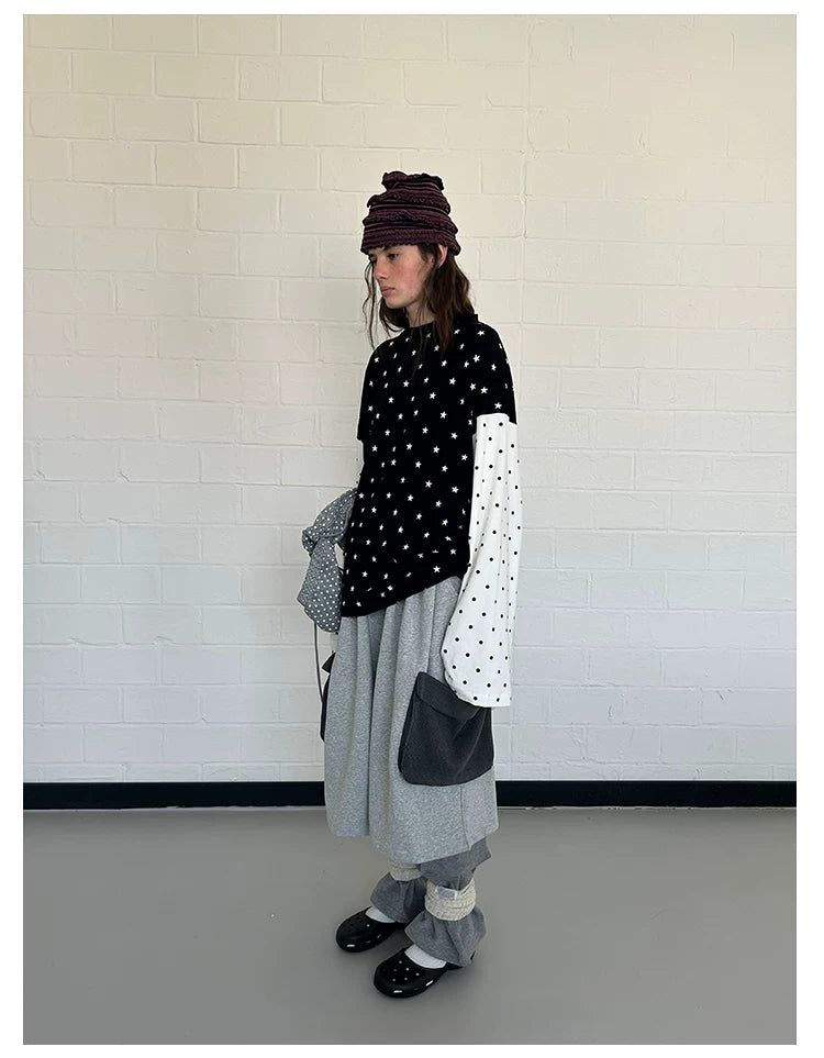 Star and Polka Dot Patchwork Long-Sleeve Top