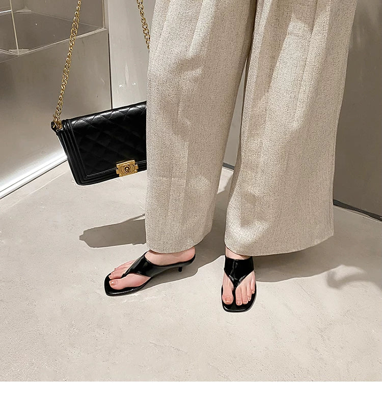 Women's Square Toe Mid-Heel Thong Slide Sandals