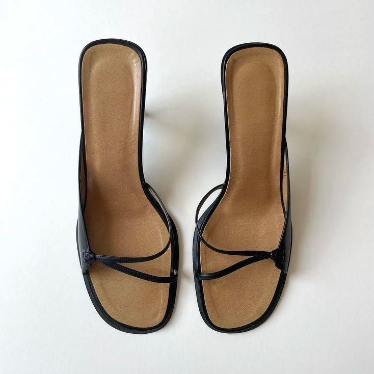 Women's Leather Square Toe Strappy Heeled Sandals