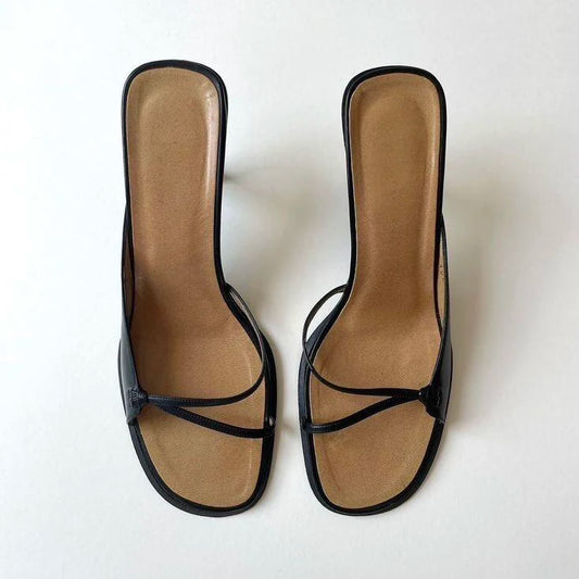 Women's Leather Square Toe Strappy Heeled Sandals