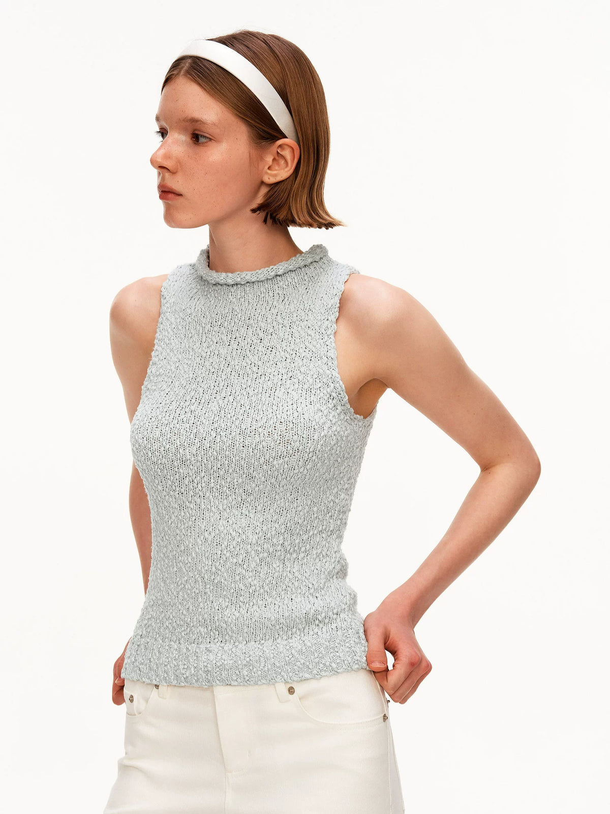 High Neck Textured Cotton Knit Tank Top - 360 view 7