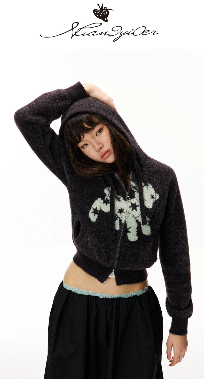 Fuzzy Floral Zip Hoodie