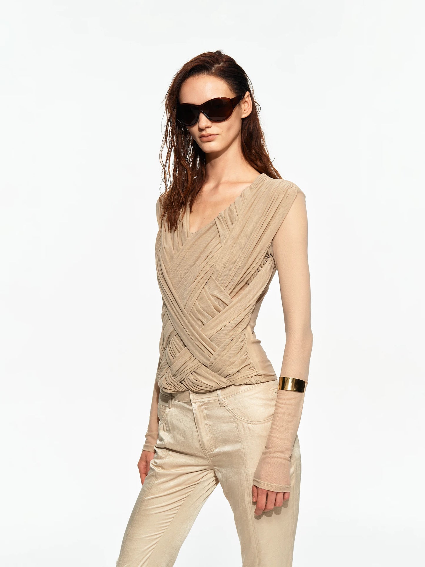 Interwoven V-Neck Fitted Long-Sleeve Top