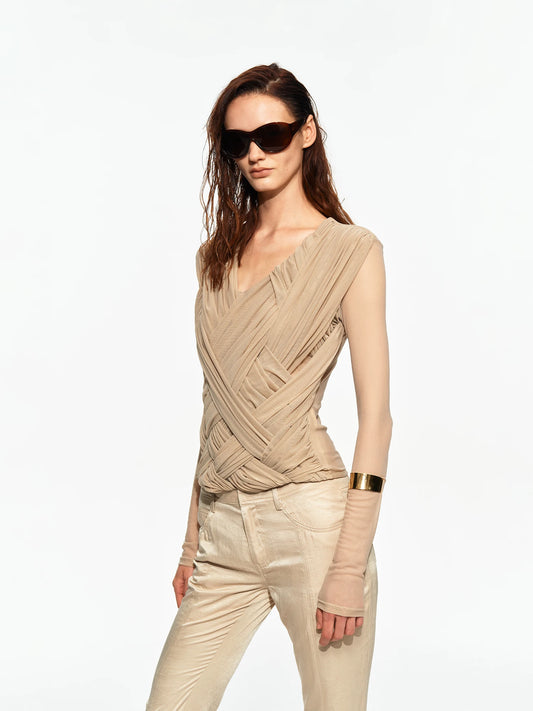 Interwoven V-Neck Fitted Long-Sleeve Top