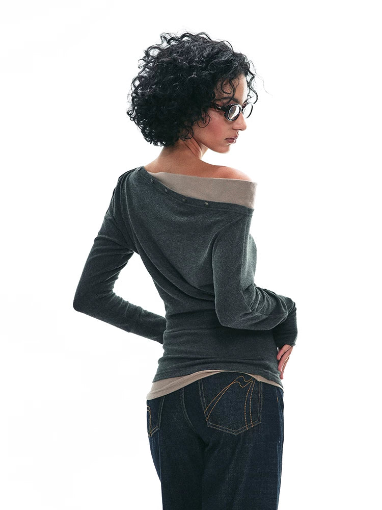 Charcoal One-Shoulder Long Sleeve Top product view