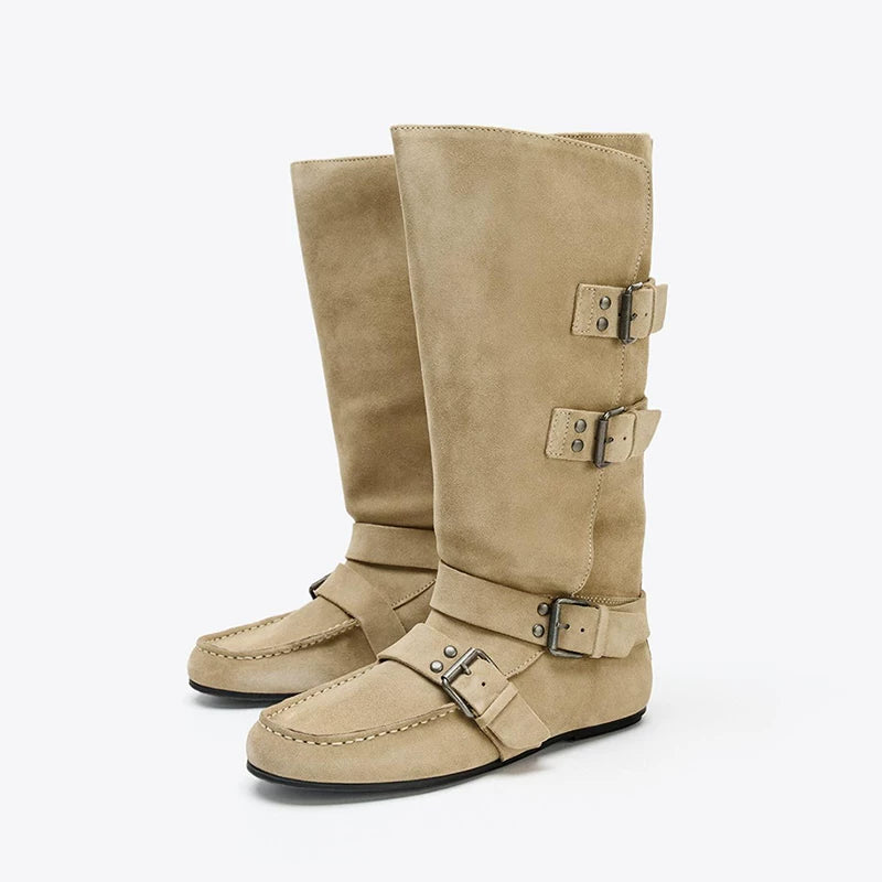 Women's Studded Buckle Round Toe Knee-High Boots
