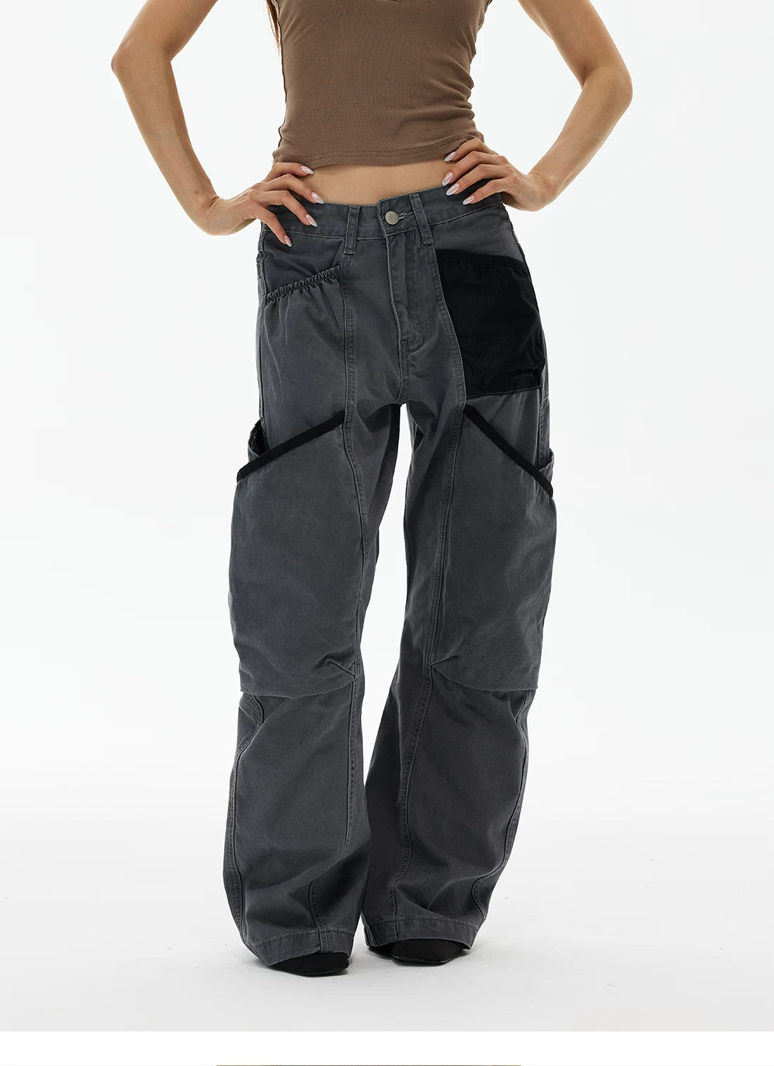 Charcoal wide-leg cargo pants, front view