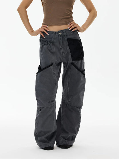 Charcoal wide-leg cargo pants, front view