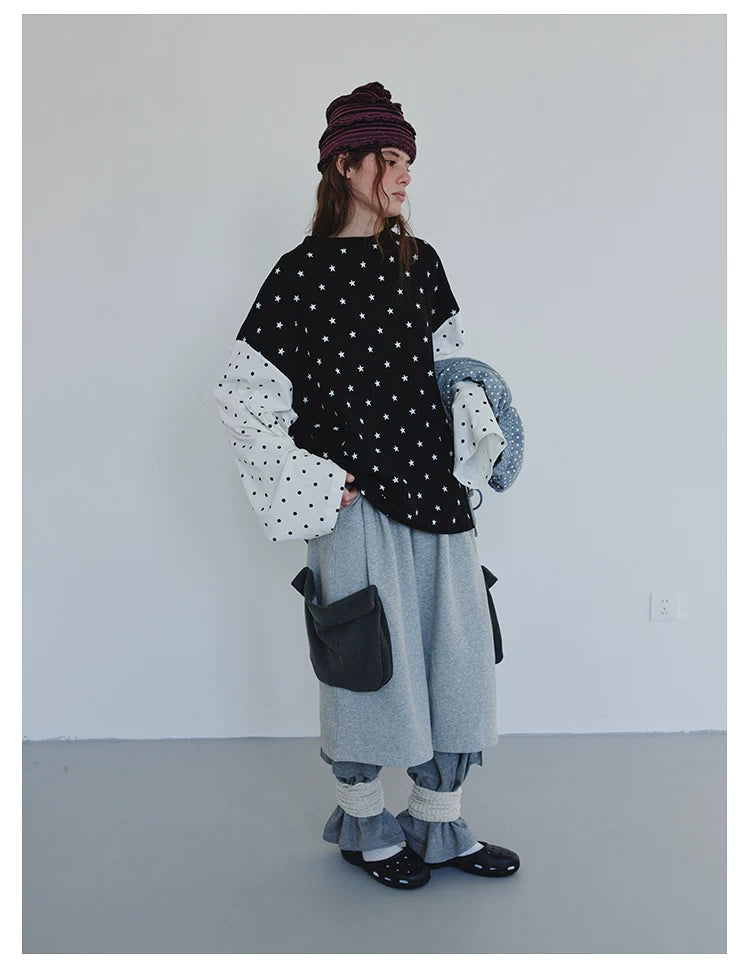 Star and Polka Dot Patchwork Long-Sleeve Top