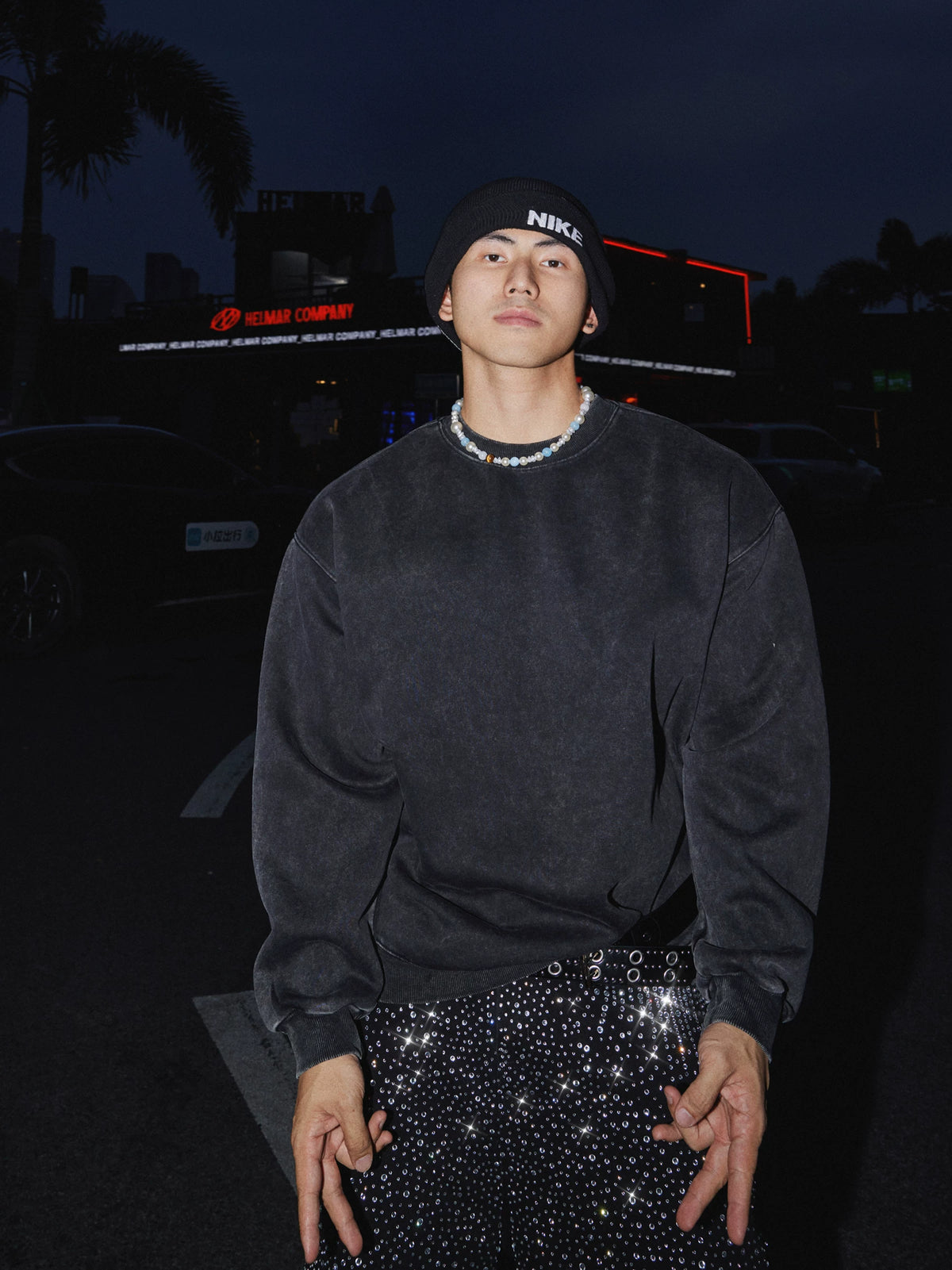 Charcoal crewneck sweatshirt, front view on model