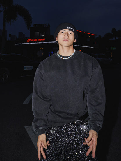 Charcoal crewneck sweatshirt, front view on model