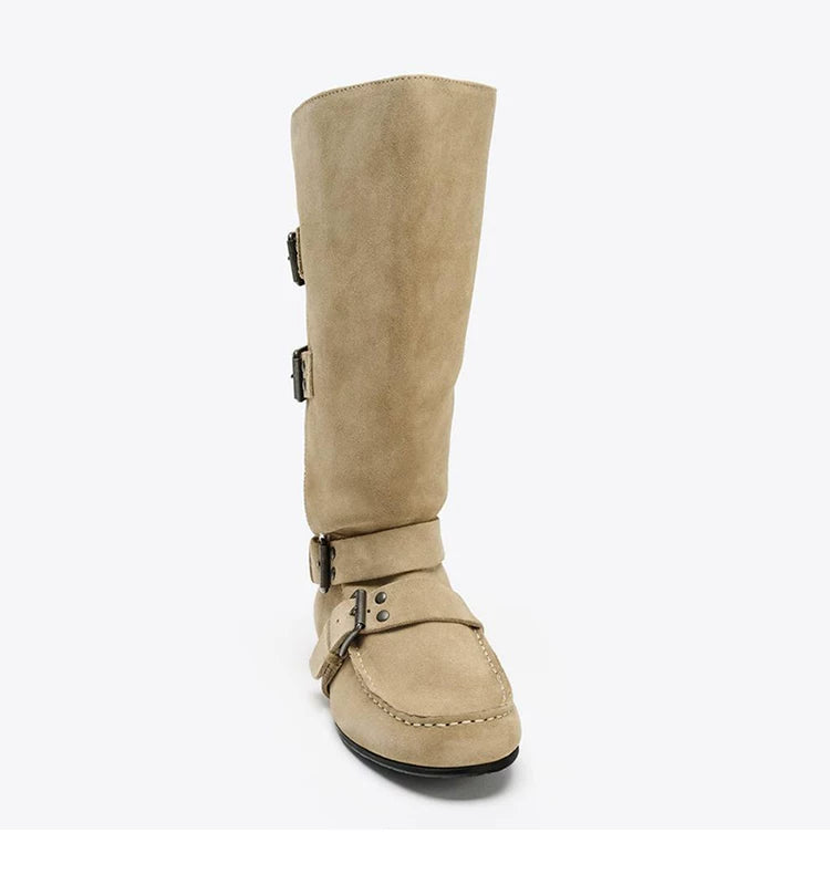 Women's Studded Buckle Round Toe Knee-High Boots