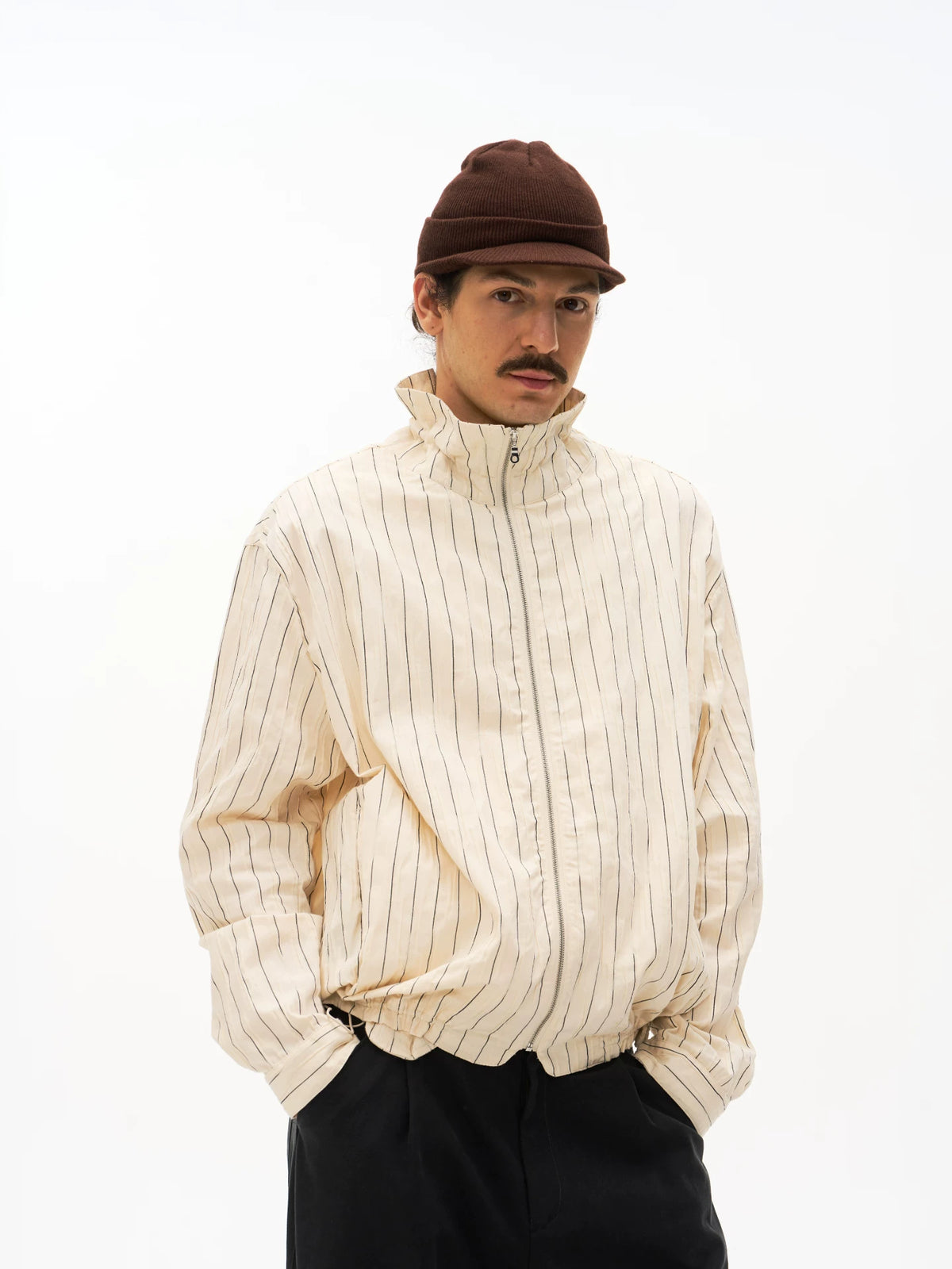 Textured Check Stand Collar Jacket in black
