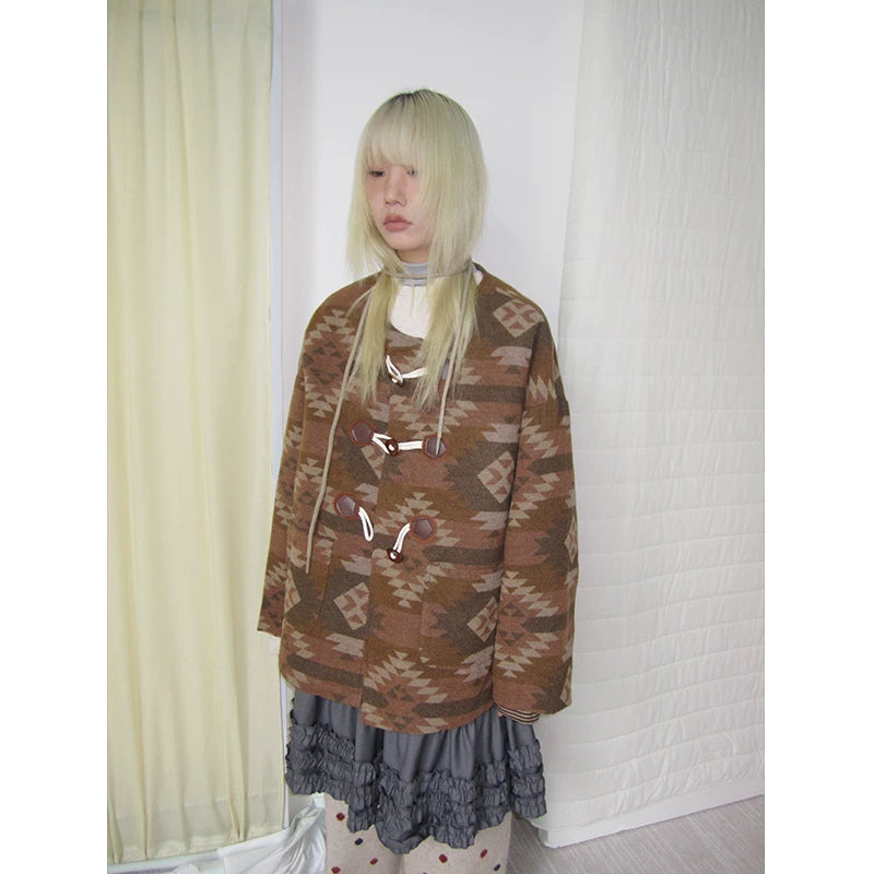 Brown Geometric Jacquard Padded Toggle Coat