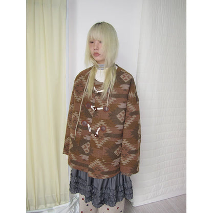 Brown Geometric Jacquard Padded Toggle Coat
