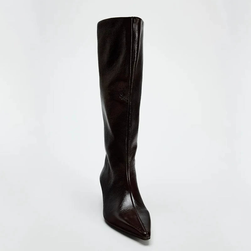 Women's Pointed Toe Kitten Heel Wide-Shaft Knee-High Boots