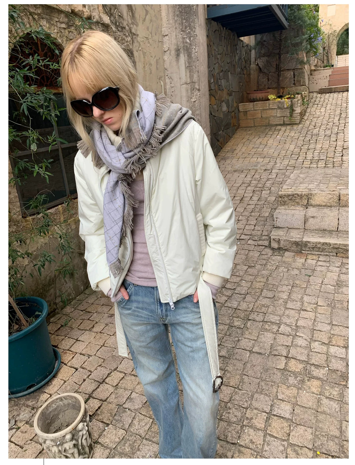 Detachable Fringe Plaid Wrap Scarf