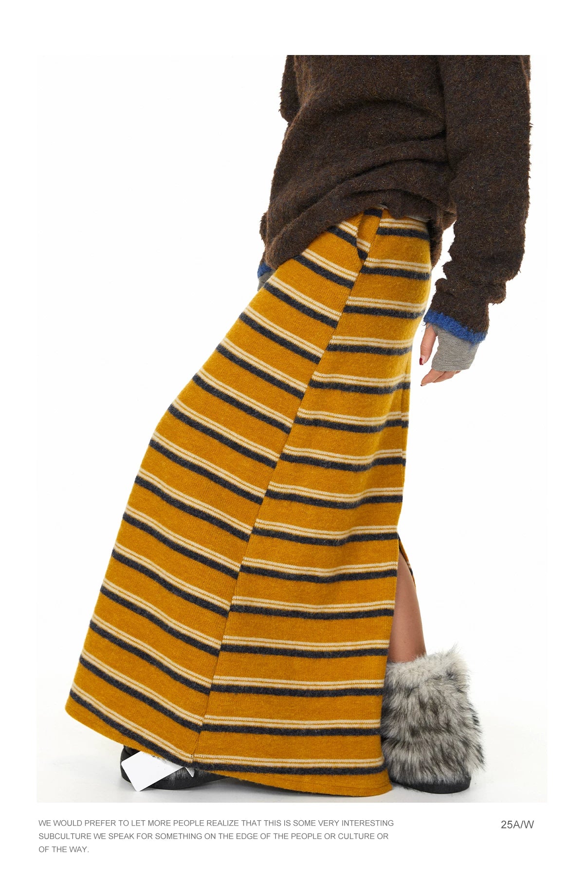 Mustard Striped Knit Midi Skirt in mustard yellow