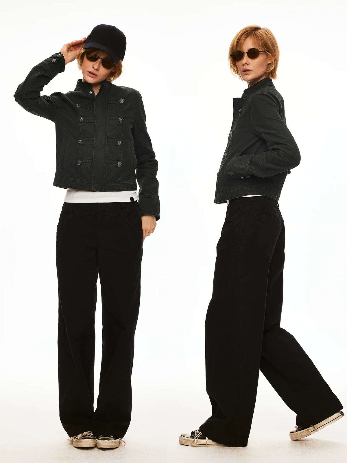 Washed Napoleon-Inspired Cropped Workwear Jacket