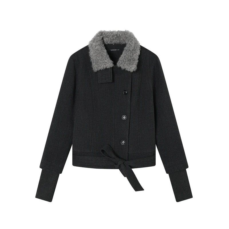 Dark jacket with fur collar, front product view